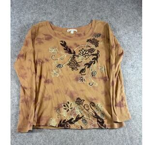 VTG Simply Suzie Tie Dye Rib Floral Long Sleeve Shirt Womens PL Rhinestones Y2K